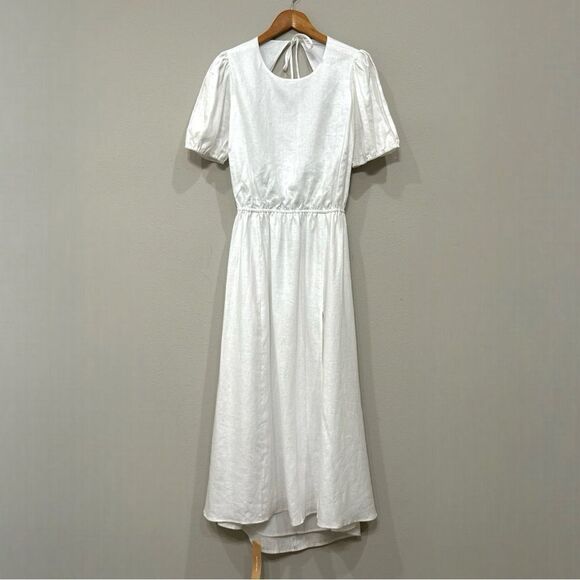 Reformation Linen Midi Dress Open Back Puff Sleeve White Size 12 - Picture 4 of 16